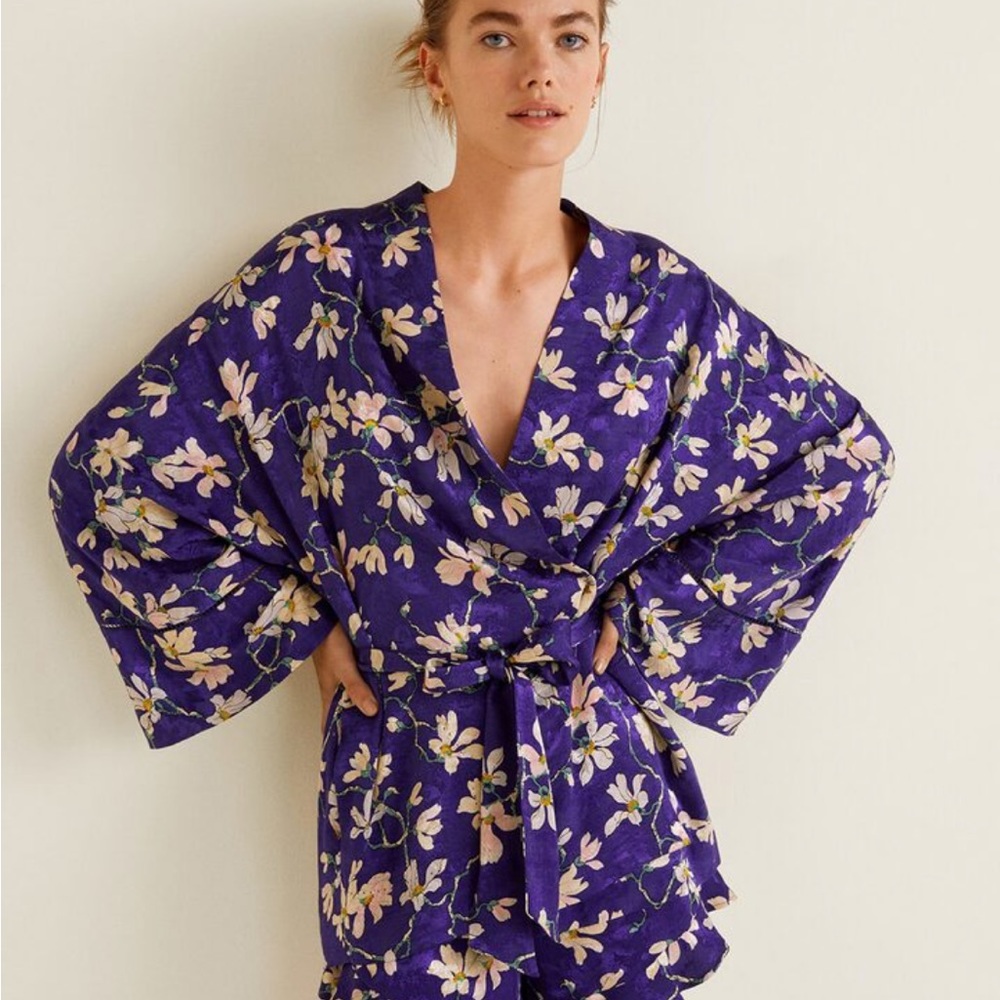 Mango Purple Floral Tie-Front Kimono Blazer
